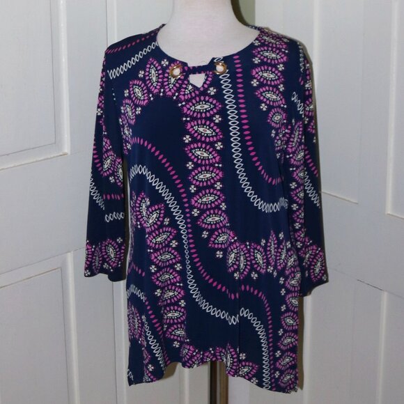JM Collection Petite Navy Pink White Paisley Grommet Neck Poly Knit Tunic Sz PL - Picture 1 of 8